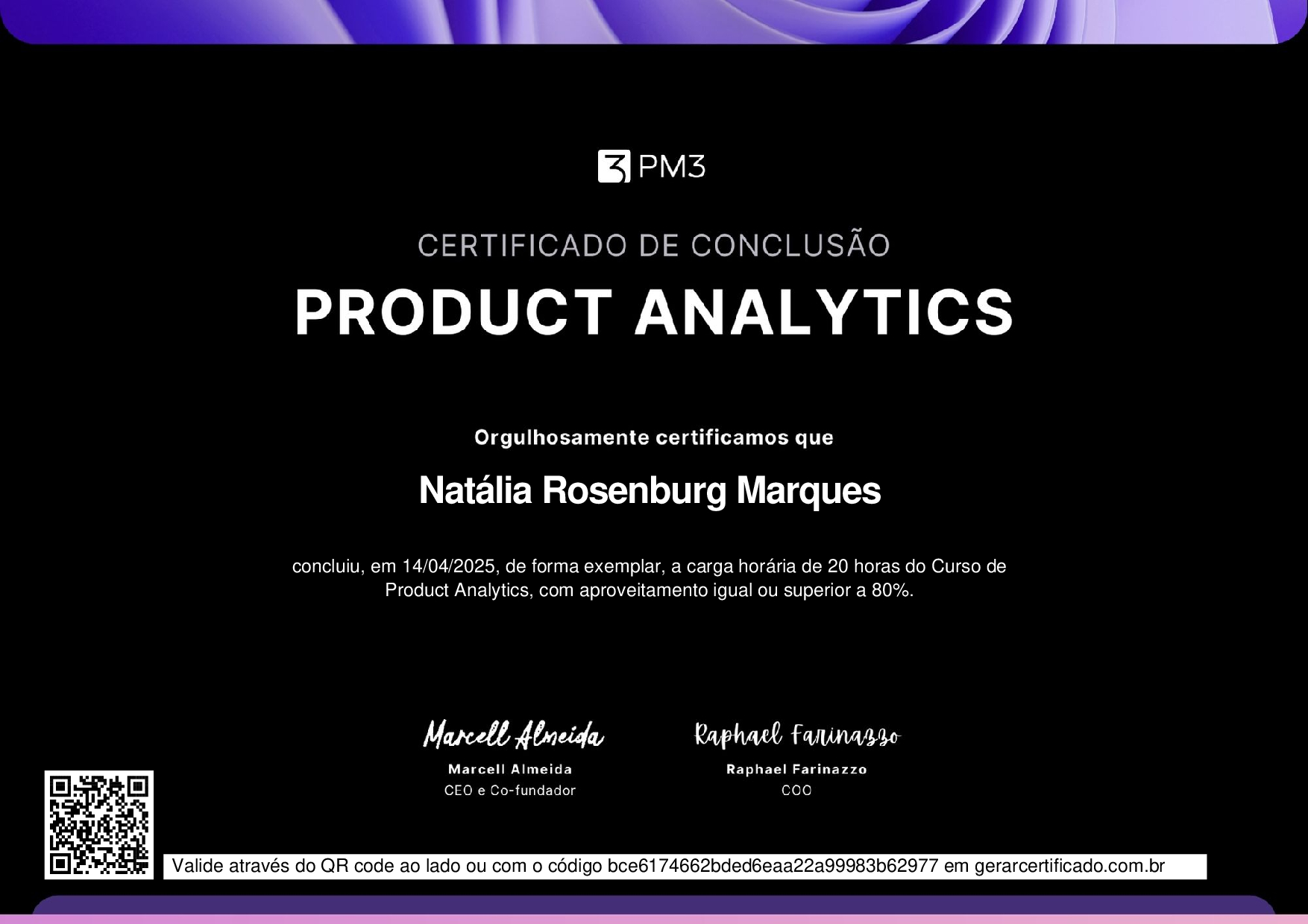 Certificado de conclusão Product Analytics — PM3